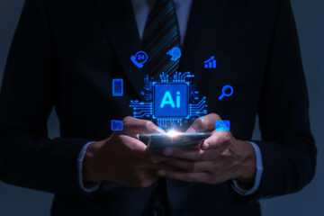 Chatbot System. businessman in suit using AI assistant interface technology on mobile smartphone, machine learning, data analysis, automation technology trends, artificial intelligence concept