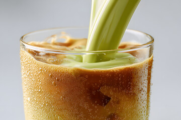 Pouring Creamy Matcha Milk into Iced Espresso Creating Swirling Dirty Matcha Latte Layers