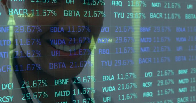 Animation of financial data processing over smiling female doctor