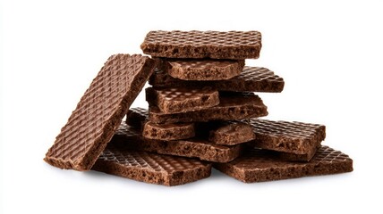 Stack of chocolate wafers on white background. AI generated