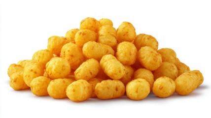 Pile of crunchy corn puffs on white background. AI generated