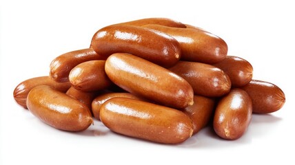 Neatly stacked sausages on white background. AI generated