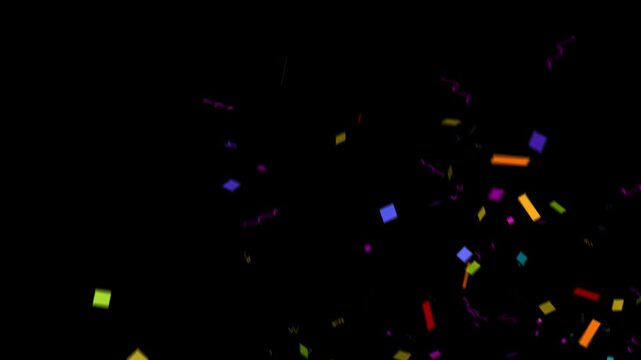 Colorful fireworks explode on black background, animation of explosion and confetti falling in video. Confetti bomb effect on interior sequin background. Confetti