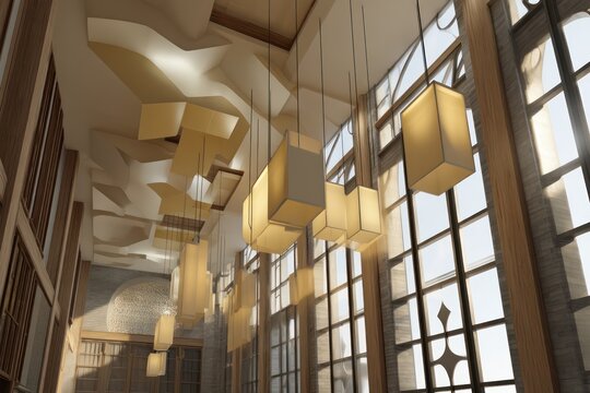 Mustard and plum modular interior with sculptural ceiling lights sunbeams filtering high clerestory windows