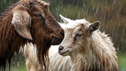 Two majestic goats, one with rich brown fur and another with lighter, creamy hair, stand intimately close amidst a steady downpour. The heavy rain creates a dramatic visual, with water streaming off t