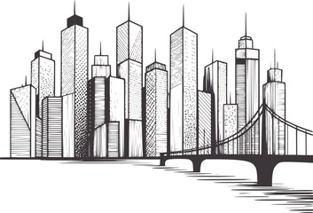 Obraz premium Black and city skyline with tall buildings and bridge over water skyscrapers
