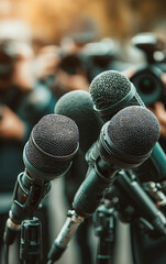 multiple microphones poised at a press conference