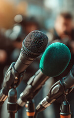 microphones stand ready at a press conference