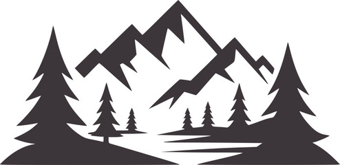 Obraz premium Minimalist black and mountain landscape with pine trees and a lake