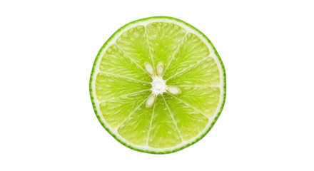 Close up of a vibrant green lime slice with visible seeds against a black background citrus fruit