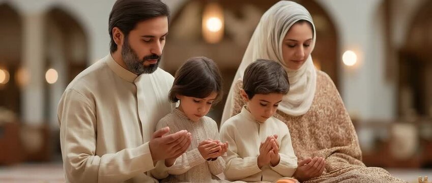 During the Eid Mubarak celebration season, a Middle Eastern Muslim Arabic family prays together before meals and does a dua to beg God for blessings.