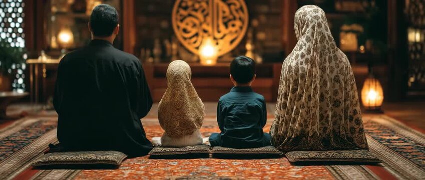 During the Eid Mubarak celebration season, a Middle Eastern Muslim Arabic family prays together before meals and does a dua to beg God for blessings.