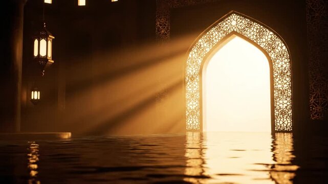 A majestic archway, adorned with intricate, ornate patterns, is dramatically illuminated by powerful golden light rays streaming from beyond the gate. This ethereal glow creates stunning volumetric li