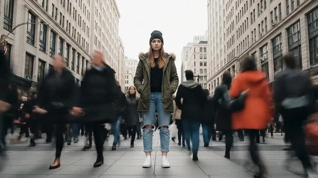 Young Woman Standing Still in Busy City Street with Motion Blurred People Rushing Past, Concept of Solitude and Focus in a Fast-Paced Urban Environment 4k video