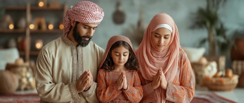 During the Eid Mubarak celebration season, a Middle Eastern Muslim Arabic family prays together before meals and does a dua to beg God for blessings.