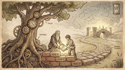 An older man, with a beard, helps a young boy place a puzzle piece onto a brick path marked with years. A tree with clockwork details grows near the path leading toward a castle.