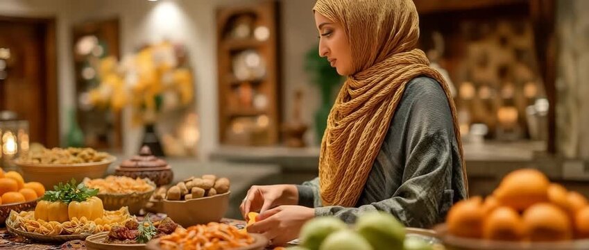 During the evening of Eid Mubarak, a Middle Eastern Muslim woman wearing a headscarf prepares food and sets the dinner table for a family feast.