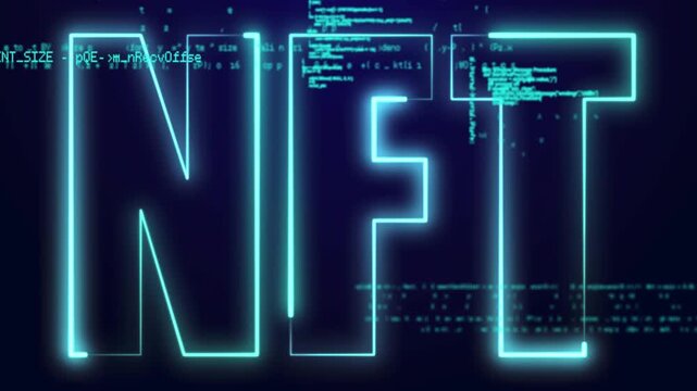 Animation of lines forming nft text over computer language against abstract background