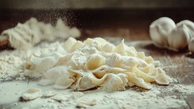 Fresh pasta preparation on wooden countertop covered in flour with garlic