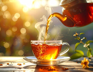 Steaming hot tea poured into a cup on a sunny morning outdoors
