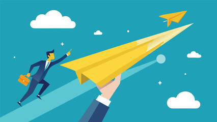 Obraz premium Businessman riding a paper airplane, with arrows indicating progress and direction towards the future..eps