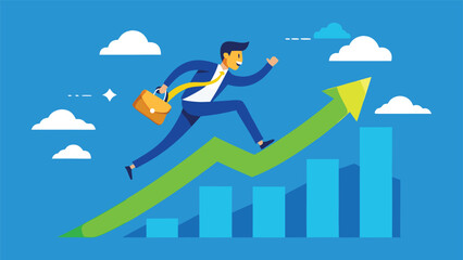 Fototapeta premium Businessman ascending a graph chart, illustrating dynamic growth and ambition in a professional setting..eps