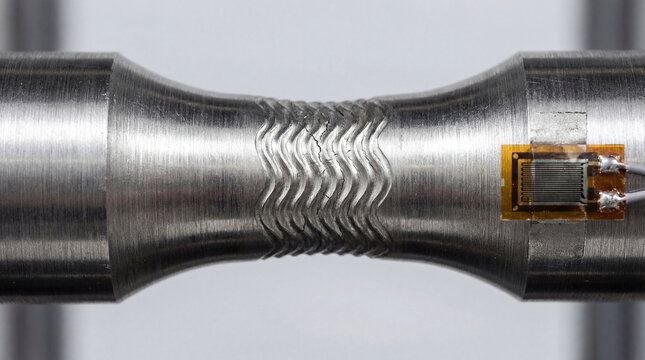 A cylindrical metal sample undergoes a cyclical strain test. Crack growth and material failure is captured. A strain gauge is attached to record data.