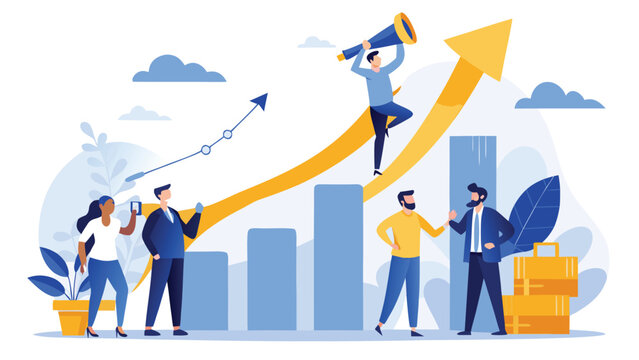 Business professionals ascending a graph, symbolizing growth and progress in a corporate environment..eps