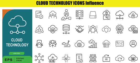 Collection of line cloud technology on Outline white background cloud computing server
