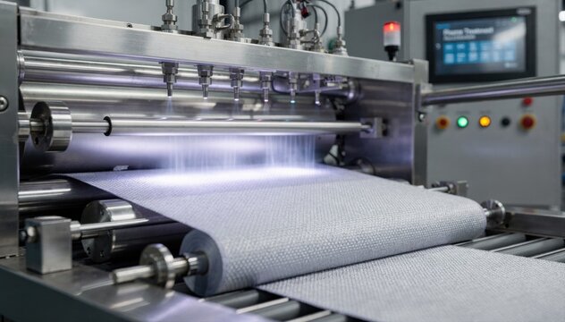 Medium shot of lowtemperature plasma equipment activating technical fabric surfaces to enhance adhesion properties in advanced manufacturing processes.