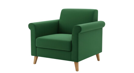Single green armchair with rolled arms and wooden legs on black background furniture object