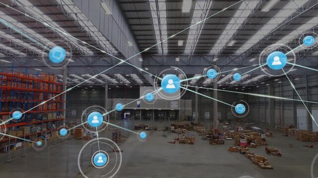 Animation of network of people icons over goods storage warehouse