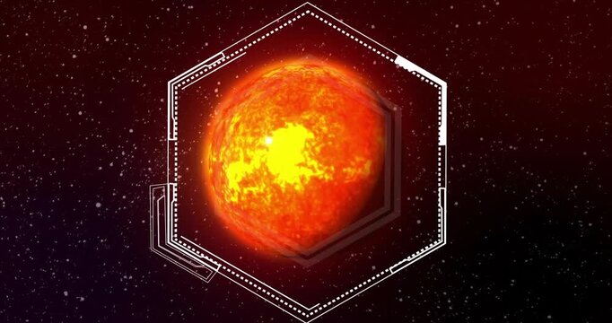 Animation of hexagonal scanner frame processing data over orange globe in space