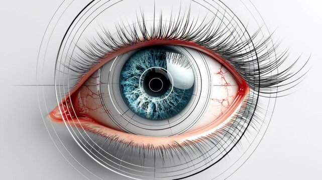 Detailed progression of a human eye showcasing intricate textures, vibrant colors, and geometric patterns emphasizing the unique structure and features of the iris, pupil, and eyelashes in a visually