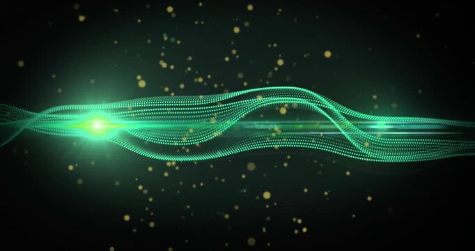 Glowing green wave animation with particles floating on dark background