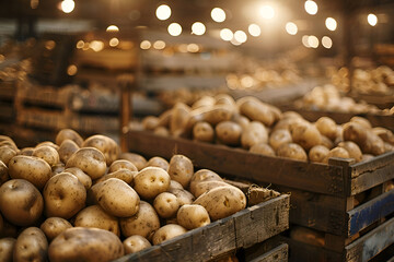 Freshly harvested potatoes in wooden crates at a large farm warehouse