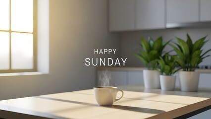 Fototapeta premium Cozy kitchen interior with steaming coffee mug and sunlight