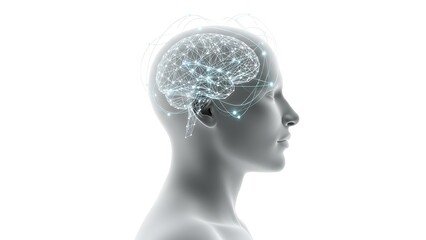 Obraz premium Human head profile with glowing brain and neural network connections, concept of artificial intelligence and neuroscience on white background. 