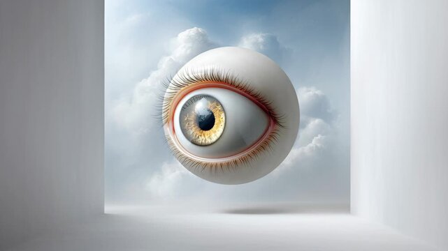 Surreal floating eye sphere transitioning through a cloud-filled space, showcasing gradual changes in perspective and detail, emphasizing the unique visual characteristics of the eye's structure and e