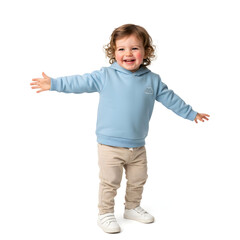 Adorable girl standing with open arms welcoming gesture joyful smile isolated 