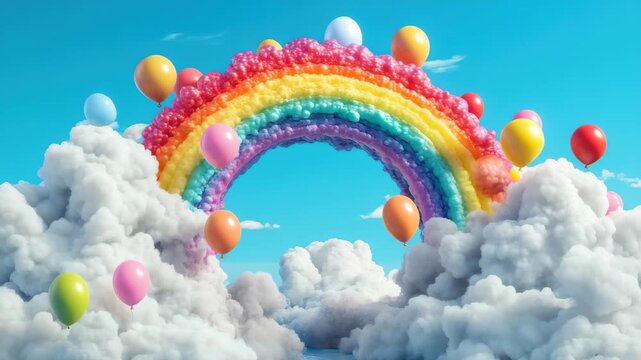 Colorful balloons and a vibrant rainbow amidst fluffy clouds under a clear blue sky create a whimsical atmosphere
