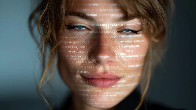 Female with illuminated facial projection of binary code displaying digital transformation and engagement in technology, showcasing a close-up view of her expressive features and captivating gaze