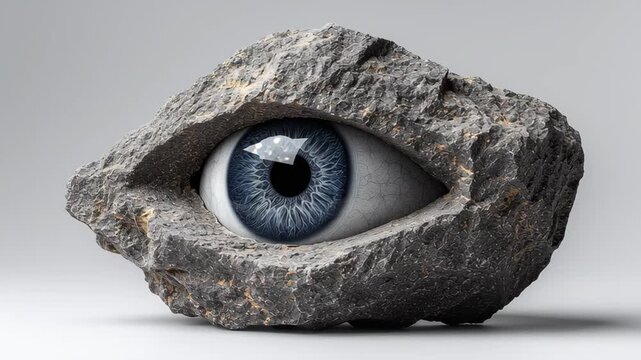 Unique rock formation with a striking blue eye embedded within, showcasing a gradual transition of perspective and detail as the eye appears to emerge from the stone surface in a captivating visual se