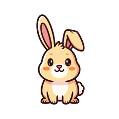 A cute cartoon rabbit sits on the ground with one ear raised.