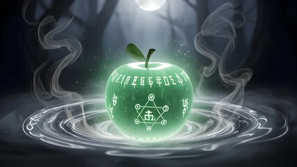 Mystical green apple with ancient symbols glowing in dark forest