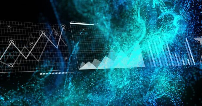 Central triangular area chart showing layered peaks floating over blue green particle visualization