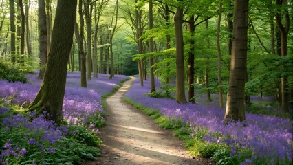 Scenic Forest Path with Purple Flowers Background for Empowerment