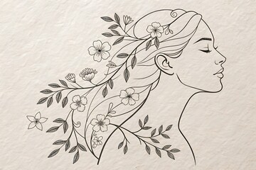 Line Art Woman Silhouette and Floral Background