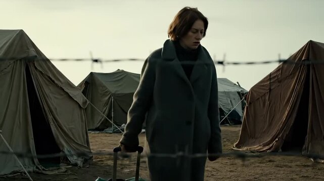 Refugee woman drags suitcase through camp near barbed wire fence. Woman walks between tent at refugee camp. Migrant woman with suitcase passes tent. Refugee pulls luggage at camp with wire.