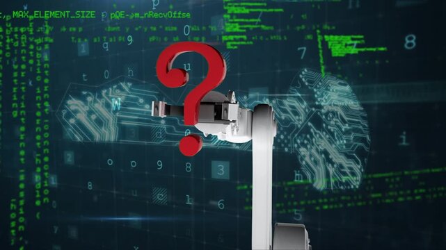 Animation of robotic hand with question mark over data processing on black backgorund